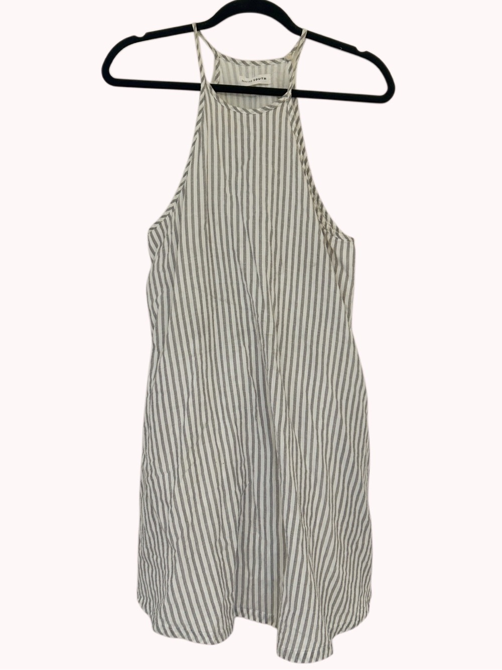 NATIVE YOUTH Cotton Striped White and Gray Halter Dress with Pockets Large